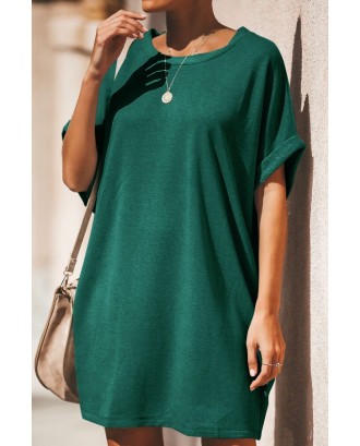 Dark-green Round Neck Short Sleeve Casual T-shirt Dress