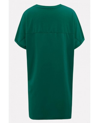 Dark-green Round Neck Short Sleeve Casual T-shirt Dress