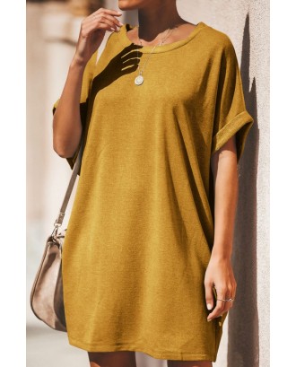 Yellow Round Neck Short Sleeve Casual T-shirt Dress