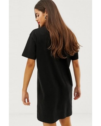 Black Sun Print Round Neck Shift Casual T-shirt Dress
