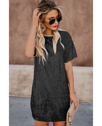 Black Glitter Sequin Splicing Short Sleeve Casual T-shirt Dress