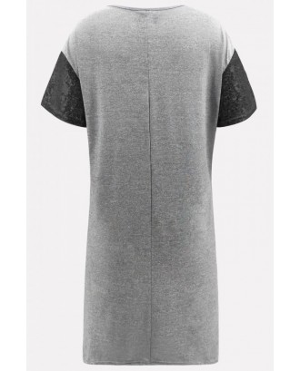 Black Glitter Sequin Splicing Short Sleeve Casual T-shirt Dress