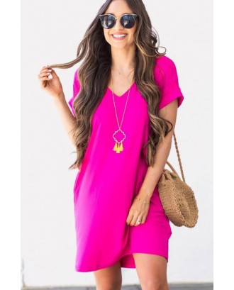 Hot-pink V Neck Pocket Casual T-shirt Dress