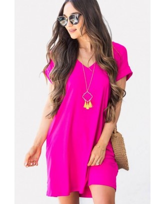 Hot-pink V Neck Pocket Casual T-shirt Dress