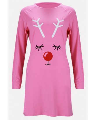 Pink Reindeer Print Round Neck Long Sleeve Casual T-shirt Dress