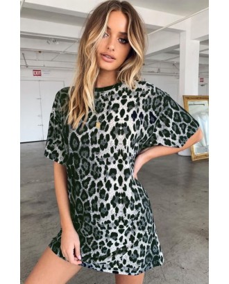 Leopard Round Neck Short Sleeve Casual T-shirt Dress