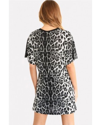 Leopard Round Neck Short Sleeve Casual T-shirt Dress