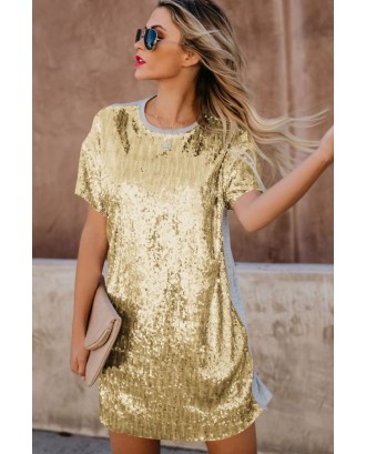 Gold Glitter Sequin Splicing Short Sleeve Casual T-shirt Dress