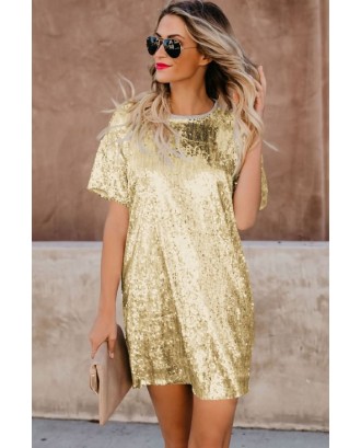 Gold Glitter Sequin Splicing Short Sleeve Casual T-shirt Dress