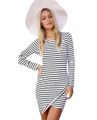 White Stripe Long Sleeve Asymmetrical Hem Dress