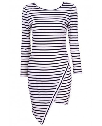 White Stripe Long Sleeve Asymmetrical Hem Dress