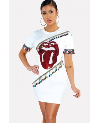 White Sequin Lip Casual Bodycon T-shirt Dress