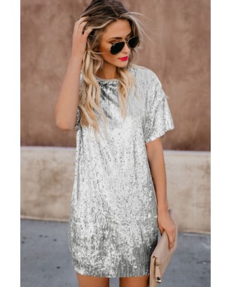Silver Glitter Sequin Splicing Short Sleeve Casual T-shirt Dress