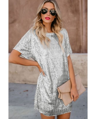 Silver Glitter Sequin Splicing Short Sleeve Casual T-shirt Dress