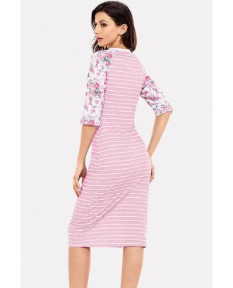 Pink Stripe Floral Print Half Sleeve Casual T-shirt Dress