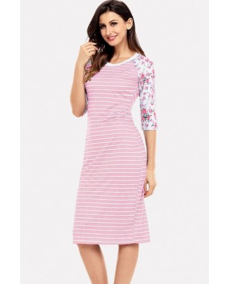 Pink Stripe Floral Print Half Sleeve Casual T-shirt Dress
