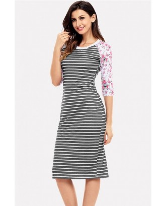 Black Stripe Floral Print Half Sleeve Casual T-shirt Dress