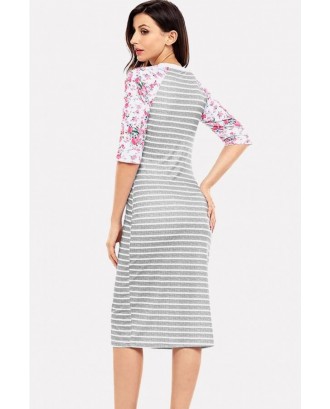 Gray Stripe Floral Print Half Sleeve Casual T-shirt Dress