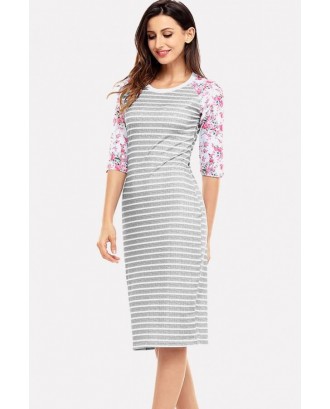 Gray Stripe Floral Print Half Sleeve Casual T-shirt Dress