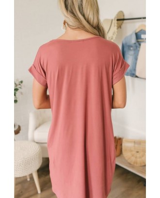 Pink V Neck Pocket Casual T-shirt Dress