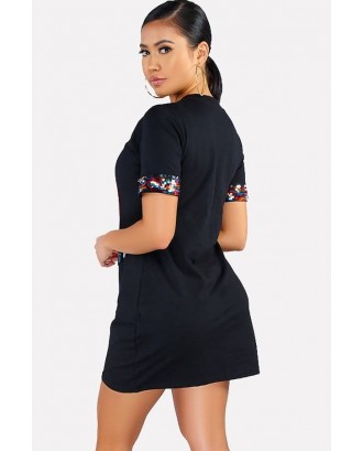 Black Sequin Lip Casual Bodycon T-shirt Dress