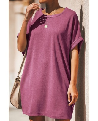Purple Round Neck Short Sleeve Casual T-shirt Dress