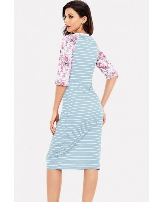 Light-blue Stripe Floral Print Half Sleeve Casual T-shirt Dress