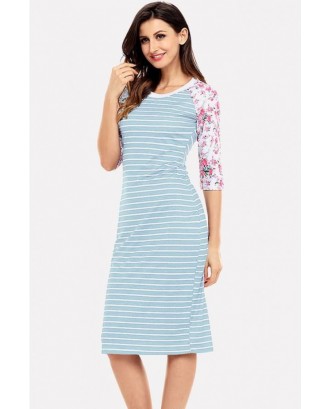 Light-blue Stripe Floral Print Half Sleeve Casual T-shirt Dress