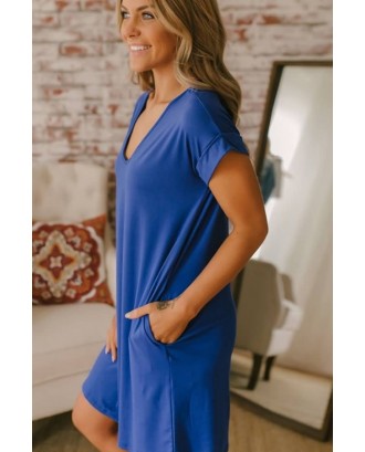 Blue V Neck Pocket Casual T-shirt Dress