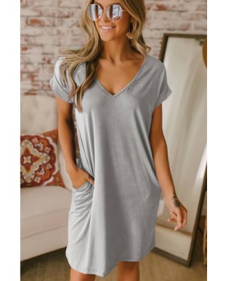 Gray V Neck Pocket Casual T-shirt Dress