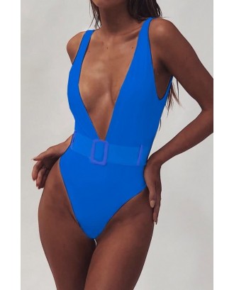 Blue Plunging Belted Padded High Cut Beautiful One Piece Swimsuit