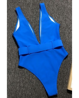 Blue Plunging Belted Padded High Cut Beautiful One Piece Swimsuit
