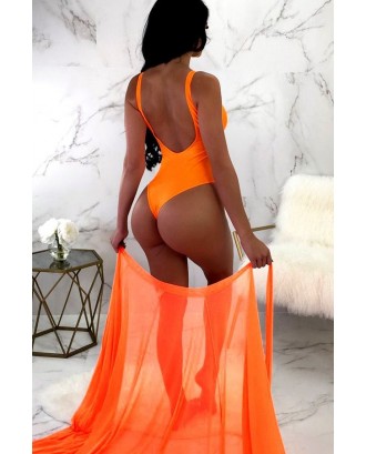 Orange Scoop High Cut Thong Beautiful One Piece Swimsuit Cover Up Set