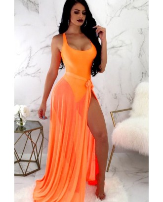 Orange Scoop High Cut Thong Beautiful One Piece Swimsuit Cover Up Set