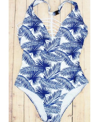 Blue Maple Leaf Print Strappy Beautiful One Piece Swimsuit