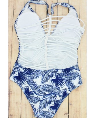 Blue Maple Leaf Print Strappy Beautiful One Piece Swimsuit