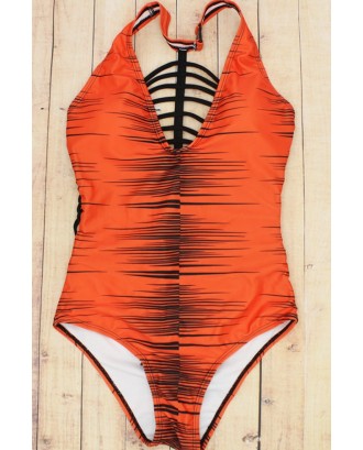 Orange Printed Strappy Beautiful One Piece Swimsuit