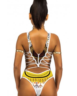 White High Neck African Tribal Print Strappy Caged High Cut Beautiful Cheeky One Piece Swimsuit