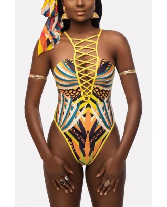 Yellow Tribal Print Caged Strappy High Cut Beautiful One Piece Swimsuit