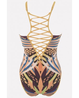 Yellow Tribal Print Caged Strappy High Cut Beautiful One Piece Swimsuit