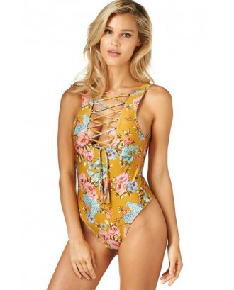 Yellow Floral Print Strappy Caged Bow Tied Backless Beautiful One Piece Swimsuit