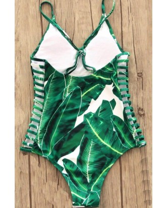 Green Leaf Print Scoop Neck Beautiful One Piece Swimsuit