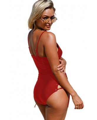Solid Color Plunging V Neck Lace Up Beautiful One Piece Swimsuit