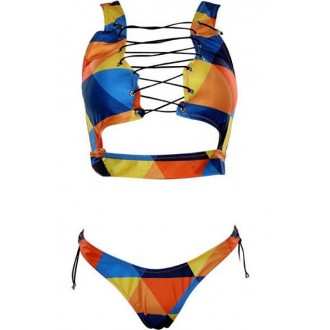 Yellow Color Block Strappy Lace Up Cutout Beautiful High Cut Cheeky Two Piece Swimwear Swimsuit