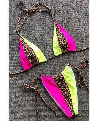 Leopard Print Halter Triangle Tie Sides Thong Swimwear