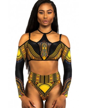 Black Cold Shoulder African Tribal Print High Cut Long Sleeve Beautiful Cheeky Two Piece Swimsuit