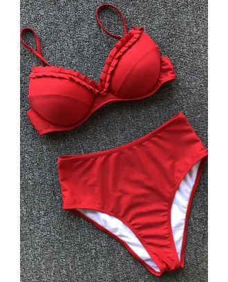 Red Ruffles Trim Push Up High Waist Cheeky Beautiful Swimwear