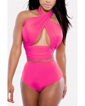 Hot-pink Wrap Halter Unlined High Waist Beautiful Swimwear