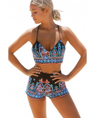 Black Plunging Tribal Print Strappy Lace Up Backless Boyshort Beautiful Two Piece Crop Top Swimwear Swimsuit