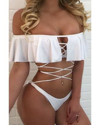 Solid Color Off Shoulder Ruffled Strappy Beautiful Two Piece Swimsuit